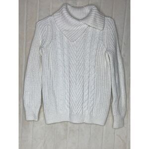 Nautica Sweater Womens S White Glimmer‎ Shawl Neck Cable Knit Cozy Stretch